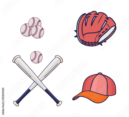 Baseball Instrument Vector Clip Art Bundle Set, Professional Baseball Sport Isolated Equipment And Element, Baseball Exercise Champion Abstract Baseball Outline Icon Symbol Vector Set