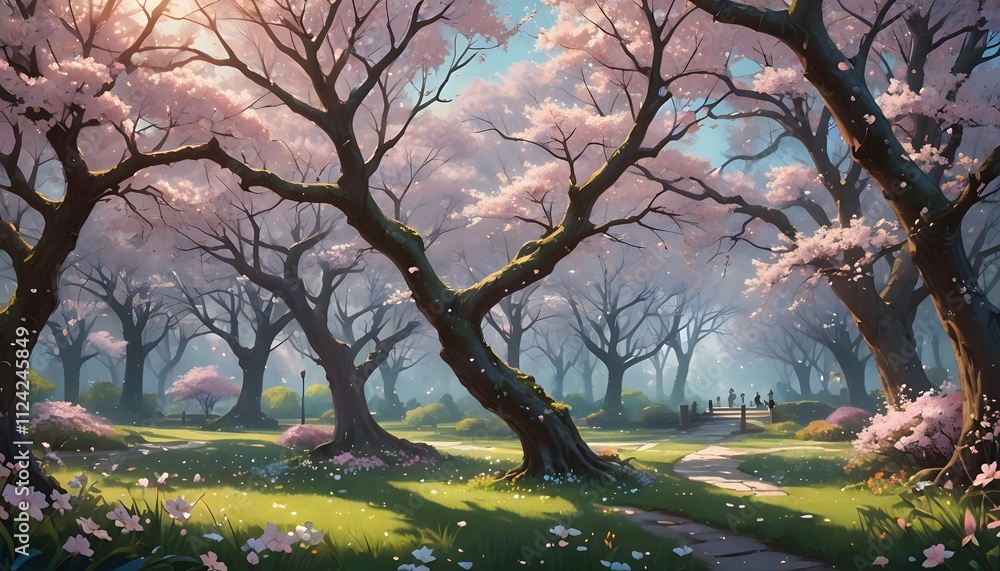 Blossoming cherry trees envelop a serene park as spring sunlight dances through the branches, creating a magical atmosphere. Generative AI Blossoming cherry trees envelop a serene park as spring sunlight dances through the branches, creating a magical atmosphere. Generative AI