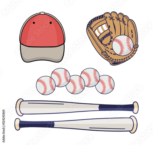 Baseball Instrument Vector Clip Art Bundle Set, Professional Baseball Cap Glove, Bat and Ball Sport Isolated Equipment And Element, Baseball Exercise Champion Abstract Baseball Glove Outline Icon 