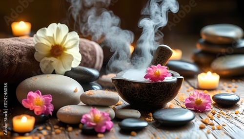 Relaxation ritualsaromatherapy and wellness natural spa setting floral and stone decor calming environment close-up view mindfulness concept for serenity