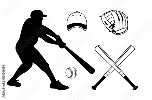 Baseball Vector Outline Clip Art Collection, Professional Baseball Cap Bat And Glove Sport Isolated Equipment Game, Baseball Element Drawing Abstract Baseball Player Silhouette Outline Icon symbol Vec