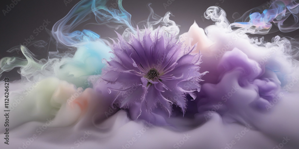 Obraz premium Lavender flower in foggy ice background, created by Generative AI