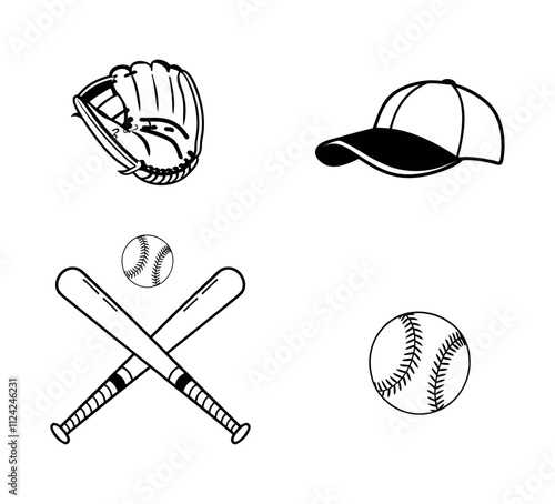 Baseball Vector Outline Clip Art Collection, Professional Baseball Cap Bat And Glove Sport Isolated Equipment Game, Baseball Element Drawing Abstract Baseball Player Silhouette Outline Icon symbol