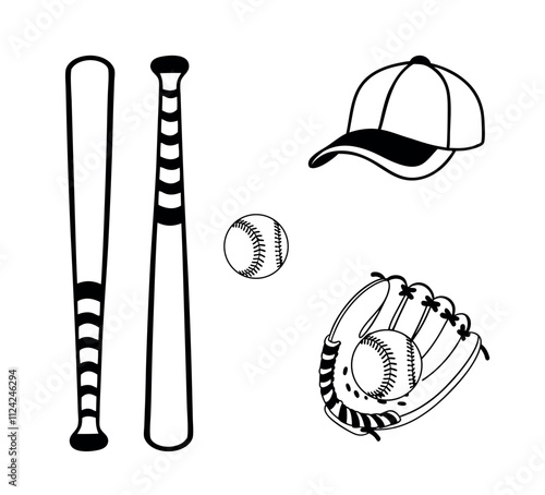 Baseball Vector Outline Clip Art Collection, Professional Baseball Cap Bat And Glove Sport Isolated Equipment Game, Baseball Element Drawing Abstract Baseball Player Silhouette Outline Icon symbol