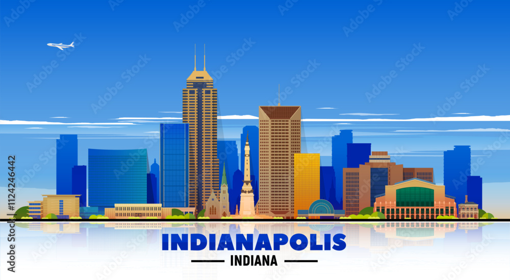 Obraz premium Indianapolis Indiana skyline with panorama at blue sky background. Vector Illustration. Business travel and tourism concept with modern buildings. Image for presentation, banner, web site. 