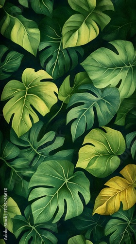 Lush Green Monstera Leaves Tropical Botanical Art