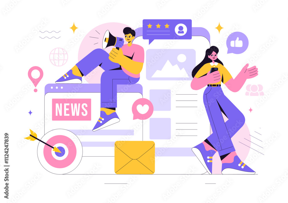 Public Relations Vector Illustration featuring a Team Developing Marketing Campaign Ideas Through Mass Media to Advertise Your Business in Background Public Relations Vector Illustration featuring a Team Developing Marketing Campaign Ideas Through Mass Media to Advertise Your Business in Background