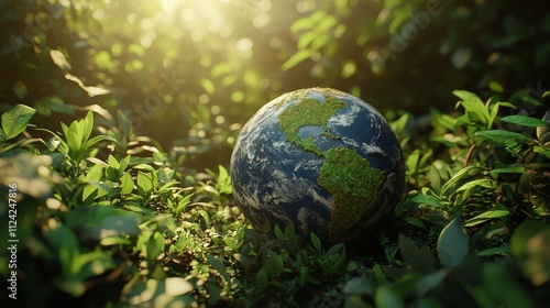 Earth globe nestled lush greenery sunlight