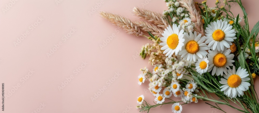 Spring Horizontal chamomille Floral banner. Daisy frame template. Beautiful spring or summer nature season background. Copy space for text, selective focus