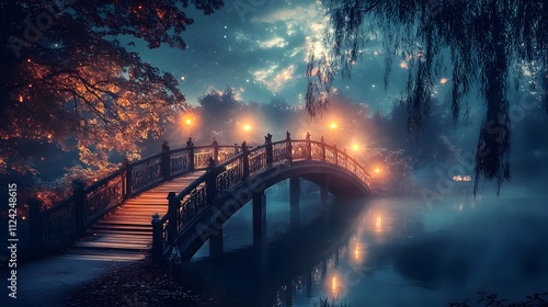 A bridge lit with bright lights leading across water with the past on one side and the future illuminated ahead photo