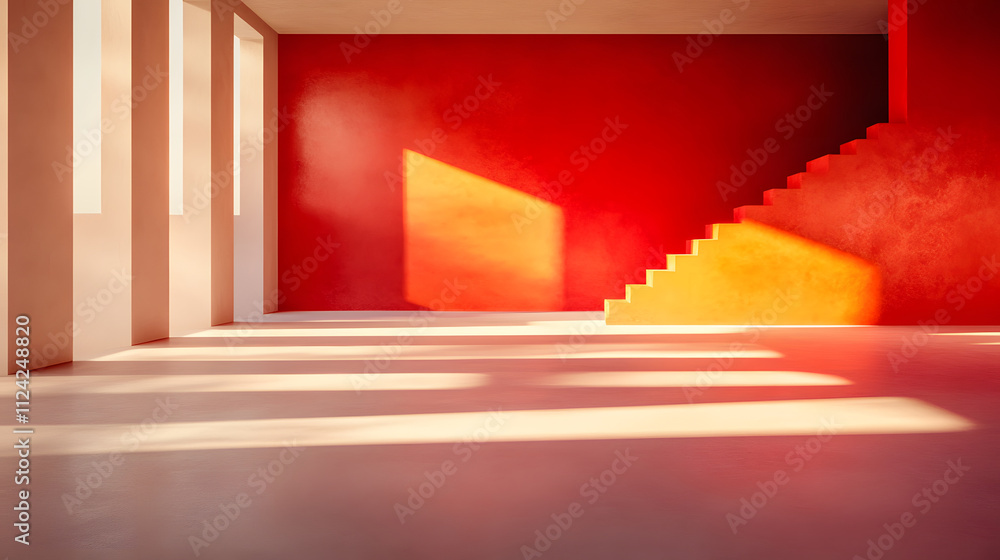 Fototapeta premium A modern interior with a vibrant red wall and a staircase, illuminated by natural light, creating a striking visual contrast