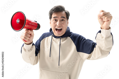 Excited senior Chinese man with megaphone photo