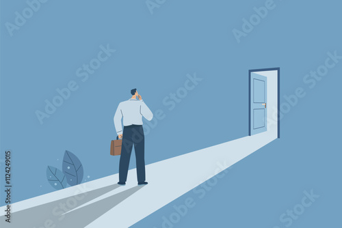 The concept of access and success, The door to success, The entrance to business or career opportunities, Progress or path to solving problems, Businessman sees a brightly lit door ahead. Vector.