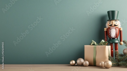 Charming Christmas Scene Featuring a Nutcracker and Festive Decorations Amidst Gold Ornaments and Wrapped Gifts Against a Soft Green Background