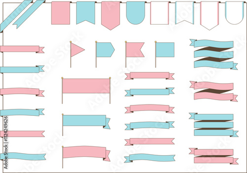 様々な形のリボンやフラッグのベクター素材イラストセット