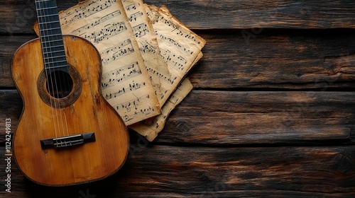 Acoustic Guitar Rests on Aged Wooden Surface with Sheet Music photo