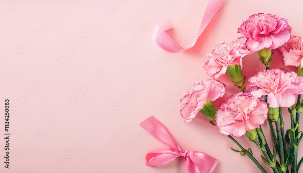 Elegant Bouquet of Pink Carnations with Delicate White Edges and Green Stems Arranged on Soft Pink Background with Satin Ribbon Bow, Perfect for Mother’s Day, Valentine’s Day, or Celebration Cards Elegant Bouquet of Pink Carnations with Delicate White Edges and Green Stems Arranged on Soft Pink Background with Satin Ribbon Bow, Perfect for Mother’s Day, Valentine’s Day, or Celebration Cards