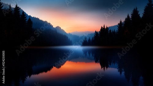 Serene sunset reflecting on calm lake surrounded by dark forest silhouettes.