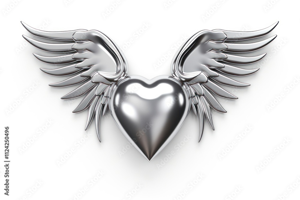 Fototapeta premium Heart with wings in Chrome material silver jewelry shiny.