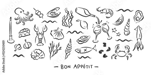 Seafood Doodle Set - Hand-Drawn Dining Illustration Featuring Seafood, Wine, and Coastal Elements in Line Art Style for Restaurants, Italian Cuisine, and Fish markets