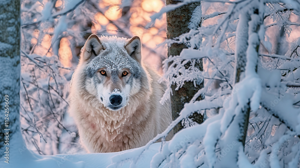 Obraz premium Majestic Wolf Amidst Snowy Forest at Dusk in Soft Light Conditions