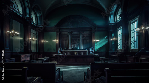 Dark and Dramatic Interior of an Abandoned Courtroom with Shadows