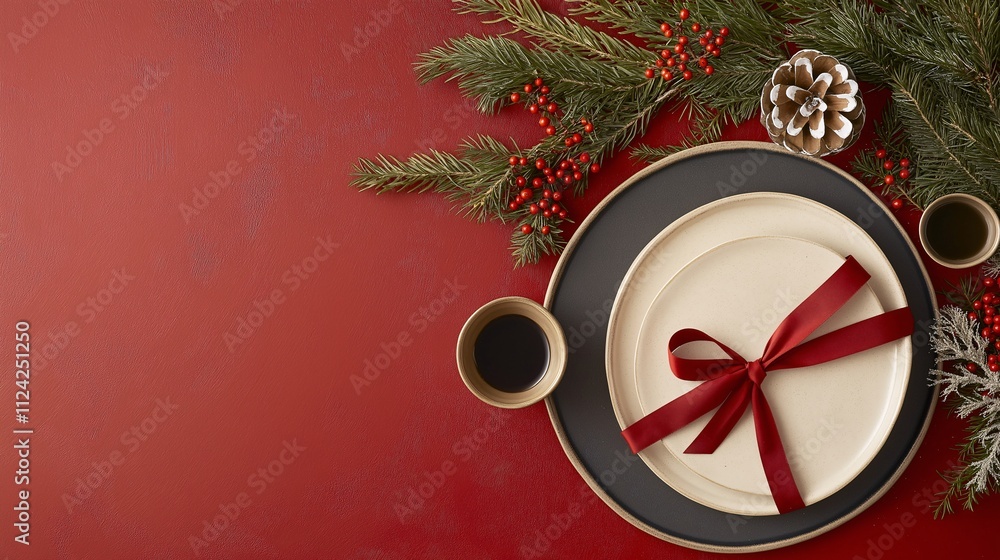 Festive Table Setting with Elegant Plates Decorated with Red Ribbon Surrounded by Holiday Accents and Evergreen Foliage on Vibrant Red Background Festive Table Setting with Elegant Plates Decorated with Red Ribbon Surrounded by Holiday Accents and Evergreen Foliage on Vibrant Red Background