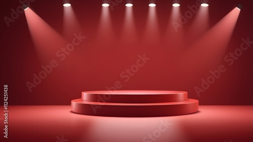 Red cylindrical platform sits on red background. 3D Podium