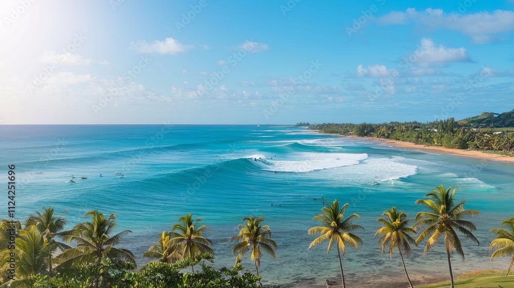 A distant shot shows surfers playing in large waves that are washing ashore. A distant shot shows surfers playing in large waves that are washing ashore.