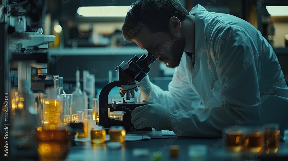 Scientist Carefully Examining Sample Under Microscope Scientist Carefully Examining Sample Under Microscope
