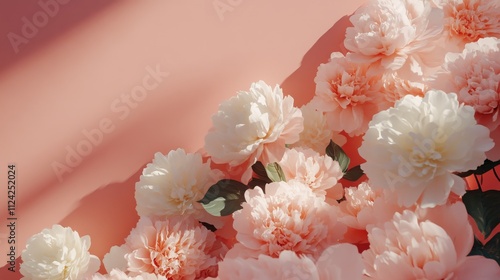 Spring Horizontal Floral Peony banner. Beautiful nature season background. Copy space for text, selective focus. Bloom summer aesthetic.