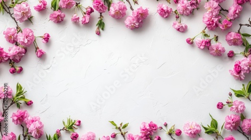 Spring Horizontal banner with sakura flowers. Beautiful nature season background with a branch of blooming cherry. Copy space for text, selective focus