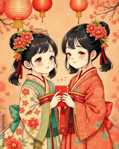 dessin de deux sœurs asiatiques qui sont ensemble  photo