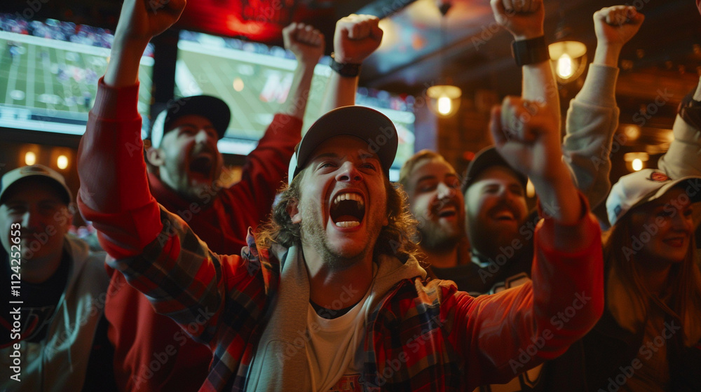 Fans watching the game on TV at a sports pub Fans watching the game on TV at a sports pub