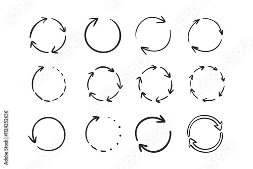 Round circle doodle arrows. Hand drawn arrow icons set. Recycle sketch signs. Repeat line symbols.