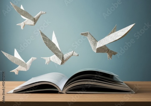 Origami birds flying above open book on wooden table
