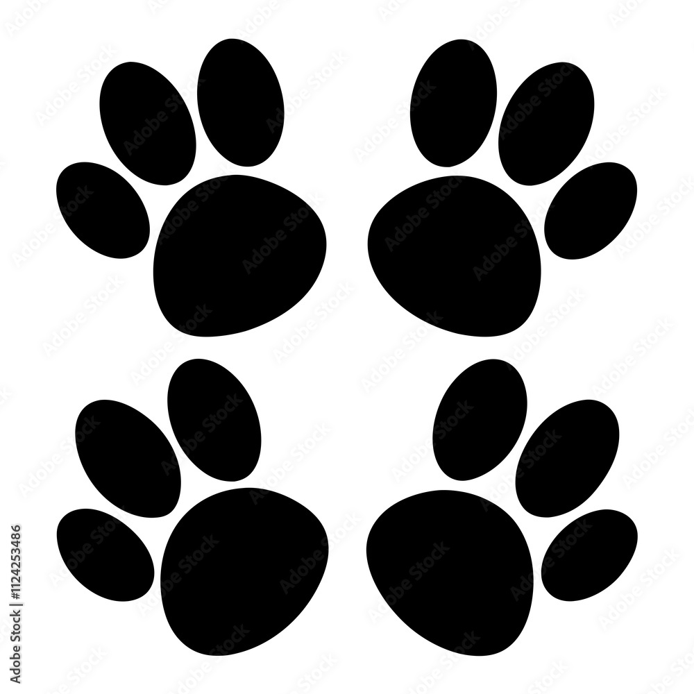 Fototapeta premium Dog paws set black & white vector art. Paws icon silhouette art, Animal Elements illustration