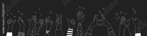Doodle sketch hands up gestures comic icons silhouettes vector set. Group of line art fun comic hands in the air. Voting or happy congratulation audience recognition symbols.