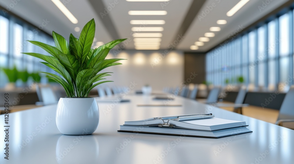 Modern Office Conference Room with Minimalist Design featuring Green Plant Centerpiece and Stationery on Table Modern Office Conference Room with Minimalist Design featuring Green Plant Centerpiece and Stationery on Table