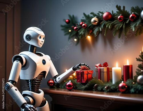 A humanoid robot arranging Christmas decorations on a mantelpiece. Generative AI photo