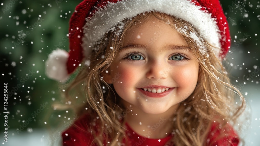 A joyful child in a Santa hat smiling amidst falling snow. A joyful child in a Santa hat smiling amidst falling snow.