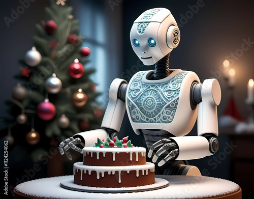 Humanoid robot icing a Christmas cake with intricate patterns. Generative AI photo