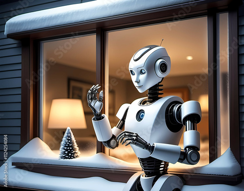 A humanoid robot adding final touches to a snowy window decoration. Generative AI photo