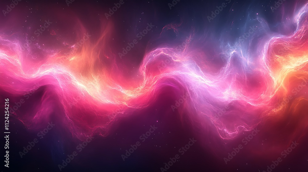Obraz premium Abstract cosmic nebula with vibrant pink, orange, and blue glowing gas clouds swirling in space.