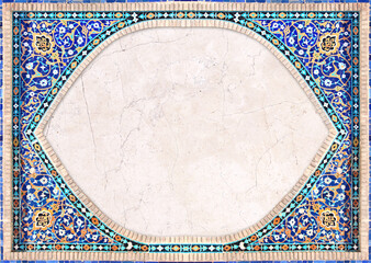 Detail of traditional persian mosaic wall with geometrical and floral ornament, Iran. Horizontal or vertical background with ceramic tile frame. Mock up template. Copy space for text