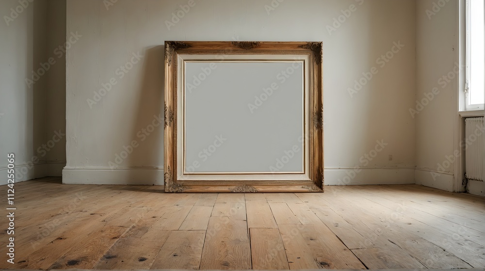 A large mirror sitting on top of a wooden floor. A large mirror sitting on top of a wooden floor.