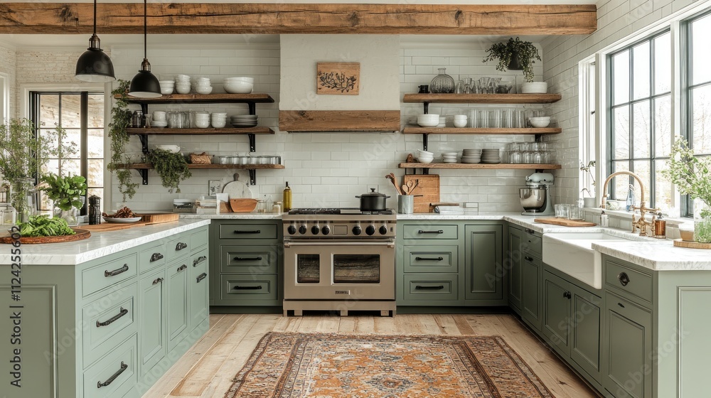 custom made wallpaper toronto digitalRustic farmhouse kitchen with open shelving, sage green cabinets, and a large stainless steel stove.