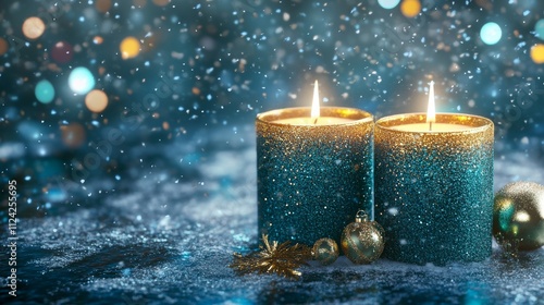 Glittery candles burn brightly in snowy winter wonderland background illustration.