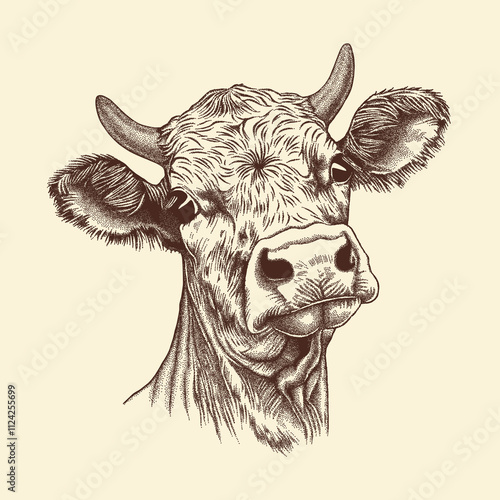 Cute cow head. Vector illustration in vintage graphic style.eps
