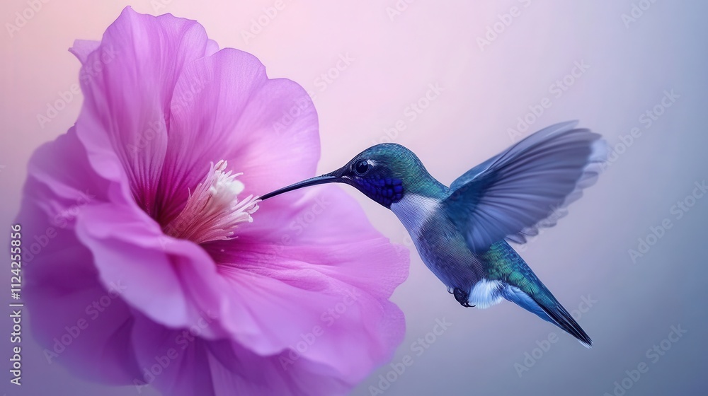 Naklejka premium hummingbird feeding from a bright flower, macro photography